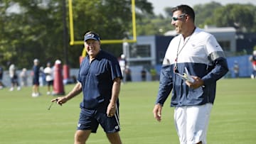 New England Patriots head coach Bill Belichick, left, and Tennessee Titans head coach Mike Vrabel talk with each other before a joint training camp practice at Saint Thomas Sports Park Aug. 15, 2019 in Nashville.

Nas Titans 8 15 Observations 016
