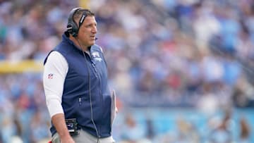 New England Patriots coach Mike Vrabel looks on during the second quarter against the Tennessee Titans at Nissan Stadium in Nashville, Tenn., Sunday, Oct. 19, 2025.