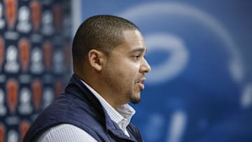 Mar 16, 2023; Lake Forest, IL, USA; Chicago Bears general manager Ryan Poles speaks during a press conference at Halas Hall. Mandatory Credit: Kamil Krzaczynski-Imagn Images