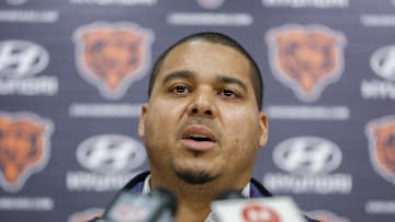Mar 16, 2023; Lake Forest, IL, USA; Chicago Bears general manager Ryan Poles speaks during a press conference at Halas Hall. Mandatory Credit: Kamil Krzaczynski-Imagn Images