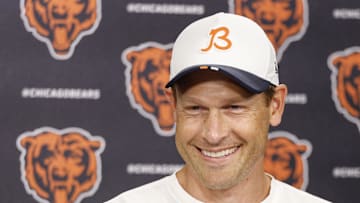 Jul 24, 2025; Lake Forest, IL, USA; Chicago Bears head coach Ben Johnson speaks during training camp at Halas Hall. Mandatory Credit: Kamil Krzaczynski-Imagn Images