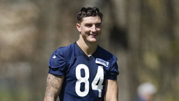 May 9, 2025; Lake Forest, IL, USA; Chicago Bears tight end Colston Loveland (84) smiles during the Rookie Minicamp at Halas Hall. Mandatory Credit: Kamil Krzaczynski-Imagn Images