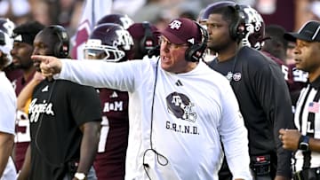 Sep 27, 2025; College Station, Texas, USA; Texas A&M Aggies head coach Mike Elko reacts against the Auburn Tigers during the fourth quarter at Kyle Field. Mandatory Credit: Maria Lysaker-Imagn Images 