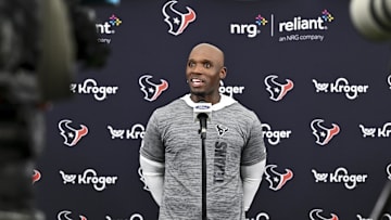 Jun 10, 2025; Houston, TX, USA; Houston Texans head coach DeMeco Ryans speaks during a press conference after an NFL football minicamp at NRG Stadium. Mandatory Credit: Maria Lysaker-Imagn Images 