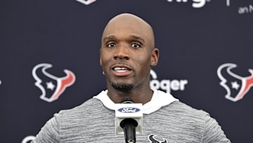 Jun 10, 2025; Houston, TX, USA; Houston Texans head coach DeMeco Ryans speaks during a press conference after an NFL football minicamp at NRG Stadium. Mandatory Credit: Maria Lysaker-Imagn Images 