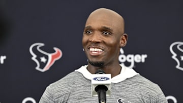 Jun 10, 2025; Houston, TX, USA; Houston Texans head coach DeMeco Ryans speaks during a press conference after an NFL football minicamp at NRG Stadium. Mandatory Credit: Maria Lysaker-Imagn Images 