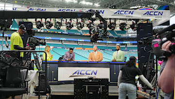 Dec 30, 2023; Miami Gardens, FL, USA; A general view of the ACC network show stage prior to the 2023 Orange Bowl  between the Florida State Seminoles and the Georgia Bulldogs at Hard Rock Stadium. Mandatory Credit: Jasen Vinlove-Imagn Images