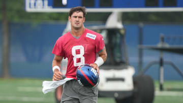 East Rutherford, NJ -- July 24, 2024 -- Quarterback, Daniel Jones during the first day of training camp for the 2024 New York Giants.