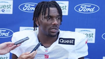 Florham Park, NJ -- August 21, 2024 -- Giants wide receiver Malik Nabers during the post practice press conference. The New York Giants came to the Atlantic Health Jets Training Center in Florham Park, New Jersey to take part in a joint practice with the New York Jets.