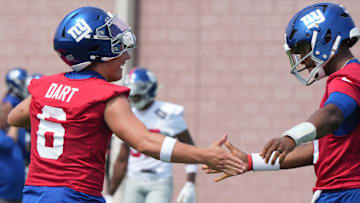 East Rutherford, NJ -- June 5, 2025 -- Quarterbacks, Jaxson Dart and Jameis Winston as the New York Giants players participate in their 2025 OTAÕs at the Quest Diagnostic Giants Training Center in East Rutherford.