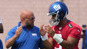 East Rutherford, NJ -- June 5, 2025 -- Quarterback, Russell Wilson and Coach Brian Daboll as the New York Giants players participate in their 2025 OTAÕs at the Quest Diagnostic Giants Training Center in East Rutherford.