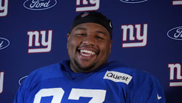 Nov 8, 2024; Munich, Germany; New York Giants defensive tackle Dexter Lawrence II (97) during press conference at the FC Bayern Munchen training grounds at Sabener Strasse.  Mandatory Credit: Kirby Lee-Imagn Images