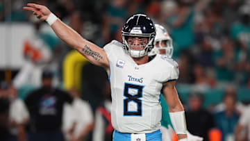 Sep 30, 2024; Miami Gardens, Florida, USA; Tennessee Titans quarterback Will Levis (8) reacts after a first down during the first half against the Miami Dolphins at Hard Rock Stadium. Mandatory Credit: Jasen Vinlove-Imagn Images