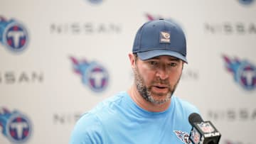 Tennessee Titans coach Brian Callahan takes questions after their 41-20 loss against the Indianapolis Colts at Nissan Stadium in Nashville, Tenn., Sunday, Sept. 14, 2025.