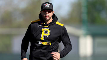 Feb 17, 2025; Bradenton, FL, USA;  Pittsburgh Pirates outfield Tommy Pham (28) participates in spring training workouts at Pirate City. Mandatory Credit: Nathan Ray Seebeck-Imagn Images