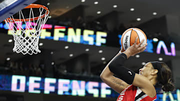 Aug 25, 2024; Chicago, Illinois, USA; Las Vegas Aces center A'ja Wilson (22) shoots and scores game winning basket against the Chicago Sky during the second half at Wintrust Arena. Mandatory Credit: Kamil Krzaczynski-Imagn Images