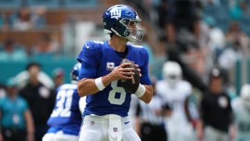 Oct 8, 2023; Miami Gardens, Florida, USA; New York Giants quarterback Daniel Jones (8) attempts a