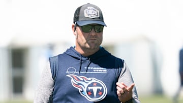 Tennessee Titans general manager Jon Robinson watches  practice at Ascension Saint Thomas Sports Park Thursday, Sept. 8, 2022, in Nashville, Tenn.