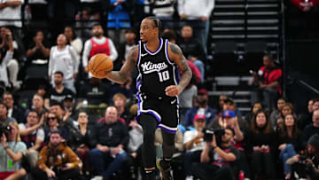 Mar 9, 2025; Inglewood, California, USA; Sacramento Kings forward DeMar DeRozan (10) dribbles the ball against the LA Clippers in the second half at Intuit Dome. Mandatory Credit: Kirby Lee-Imagn Images