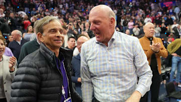 Mar 9, 2025; Inglewood, California, USA; LA Clippers owner Steve Ballmer (right and Vivek Ranadive react at the end of the game against the Sacramento Kings at the Intuit Dome. Mandatory Credit: Kirby Lee-Imagn Images