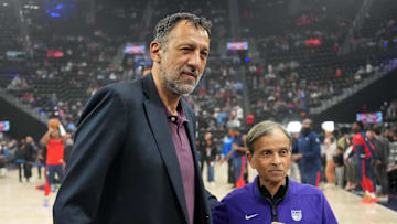 Mar 9, 2025; Inglewood, California, USA; Vlade Divac (left)and Vivek Ranadive pose during the the game between the Sacramento Kings and the LA Clippers at the Intuit Dome. Mandatory Credit: Kirby Lee-Imagn Images