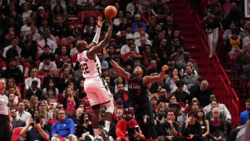 Nov 28, 2023; Miami, Florida, USA; Milwaukee Bucks forward Khris Middleton (22) shoots over Miami