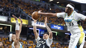 Indiana Pacers center Myles Turner blocks the shot of Milwaukee Bucks guard Ryan Rollins in the first half at Gainbridge Fieldhouse on Saturday.