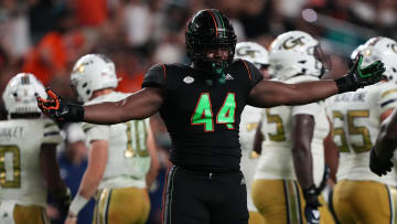 Oct 7, 2023; Miami Gardens, Florida, USA; Miami Hurricanes defensive lineman Rueben Bain Jr. (44) celebrates his sack against the Georgia Tech Yellow Jackets in the second half at Hard Rock Stadium. Mandatory Credit: Jasen Vinlove-USA TODAY Sports