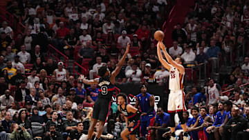 Oct 25, 2023; Miami, Florida, USA; Miami Heat forward Duncan Robinson (55) attempts a three point shot against the Detroit Pistons during the first half at Kaseya Center. Mandatory Credit: Jasen Vinlove-Imagn Images