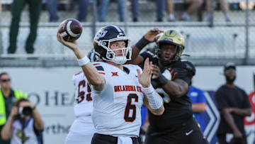 Nov 22, 2025; Orlando, Florida, USA; Oklahoma State Cowboys quarterback Zane Flores (6) throws a pass during the first quarter against the UCF Knights at Acrisure Bounce House. Mandatory Credit: Mike Watters-Imagn Images