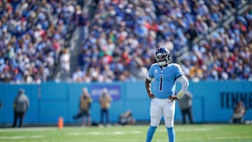Tennessee Titans quarterback Cam Ward (1) waits during a timeout against the New England Patriots during the second quarter at Nissan Stadium in Nashville, Tenn., Sunday, Oct. 19, 2025.