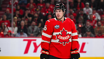 Feb 12, 2025; Montreal, Quebec, CAN; [Imagn Images direct customers only] Team Canada forward Mitch Marner (16) looks on against Team Sweden in the third period during a 4 Nations Face-Off ice hockey game at Bell Centre.
