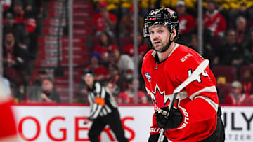 Feb 12, 2025; Montreal, Quebec, CAN; [Imagn Images direct customers only] Team Canada defenseman Josh Morrissey (44) looks on against Team Sweden in the second period during a 4 Nations Face-Off ice hockey game at Bell Centre. Mandatory Credit: David Kirouac-Imagn Images