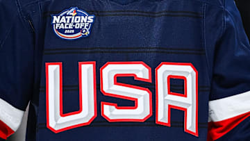 Feb 13, 2025; Montreal, Quebec, CAN; [Imagn Images direct customers only] View of a Team USA logo on a jersey worn by a member of the team during a 4 Nations Face-Off ice hockey game at Bell Centre. Mandatory Credit: David Kirouac-Imagn Images