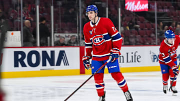 Feb 8, 2025; Montreal, Quebec, CAN; Montreal Canadiens defenseman Logan Mailloux (24) skates during warm-up before the game against the New Jersey Devils at Bell Centre. Mandatory Credit: David Kirouac-Imagn Images