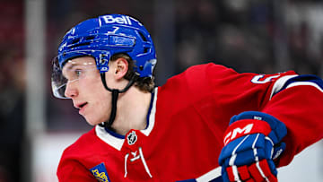 Feb 8, 2025; Montreal, Quebec, CAN; Montreal Canadiens center Owen Beck (62) looks on during warm-up before the game against the New Jersey Devils at Bell Centre. Mandatory Credit: David Kirouac-Imagn Images