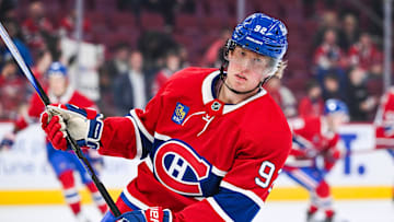 Oct 16, 2025; Montreal, Quebec, CAN; Montreal Canadiens right wing Patrik Laine (92) looks on during warm-up before the game against the Nashville Predators at Bell Centre. Mandatory Credit: David Kirouac-Imagn Images