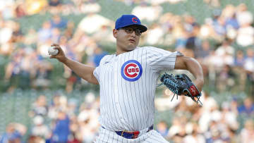 Jun 17, 2024; Chicago, Illinois, USA; Chicago Cubs starting pitcher Javier Assad (72) delivers a pitch against the San Francisco Giants during the first inning at Wrigley Field.