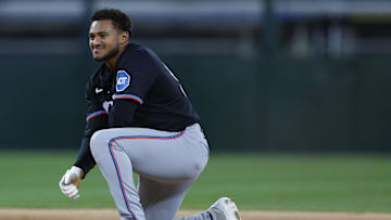 Chicago, Illinois, USA; Miami Marlins center fielder Dane Myers (54) smiles after stealing second base against the Chicago White Sox during the eight inning at Rate Field.