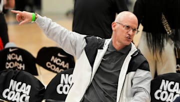 UCONN’s head men’s basketball coach Dan Hurley speaks with another coach during Nike EYBL at the Memphis Sports & Events Center on Saturday, May 17, 2025.