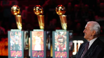 Jan 19, 2024; Miami, Florida, USA; Miami Heat president Pat Riley sits on the court for the jersey retirement ceremony for former player Udonis Haslem during halftime of the game between the Miami Heat and the Atlanta Hawks Kaseya Center. Mandatory Credit: Jasen Vinlove-USA TODAY Sports