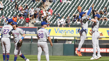 Sep 1, 2024; Chicago, Illinois, USA; New York Mets players celebrates after defeating the Chicago White Sox  in a baseball game at Guaranteed Rate Field. Mandatory Credit: Kamil Krzaczynski-USA TODAY Sports