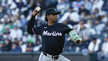 May 10, 2025; Chicago, Illinois, USA; Miami Marlins starting pitcher Edward Cabrera (27) delivers a pitch against the Chicago White Sox during the first inning at Rate Field. 
