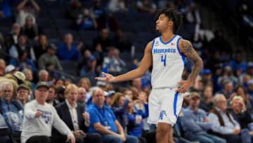 Memphis' PJ Haggerty (4) reacts after making a 3-pointer during the game between Tulsa University and the University of Memphis at FedExForum on Wednesday, February 5, 2025, in Memphis, Tenn.