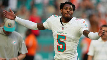 Nov 19, 2023; Miami Gardens, Florida, USA; Miami Dolphins cornerback Jalen Ramsey (5) celebrates after his interception against the Las Vegas Raiders during the second half at Hard Rock Stadium. Mandatory Credit: Jasen Vinlove-USA TODAY Sports