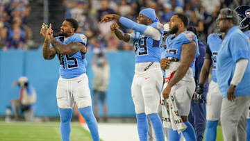 Tennessee Titans linebacker Dre'Mont Jones (45) signals to teammates during the second quarter of an NFL pre-season game against the Minnesota Vikings at Nissan Stadium in Nashville, Tenn., Friday, Aug. 22, 2025.