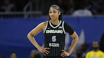Aug 25, 2024; Chicago, Illinois, USA; Chicago Sky forward Angel Reese (5) looks on during the first half of a basketball game against the Las Vegas Aces at Wintrust Arena. Mandatory Credit: Kamil Krzaczynski-Imagn Images