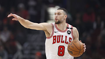 Jan 10, 2025; Chicago, Illinois, USA; Chicago Bulls guard Zach LaVine (8) brings the ball up court against the Washington Wizards during the first half at United Center. Mandatory Credit: Kamil Krzaczynski-Imagn Images