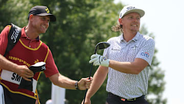 Bedminster, NJ August 12, 2023 -- Cam Smith teed off at the start of the second round of the 2023 LIV Golf Tournament held at Trump National in Bedminster, NJ but Trump impersonator Thomas Mundy came to entertain on August 12, 2023.
