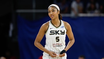 Chicago Sky forward Angel Reese during the second half of a WNBA preseason game at Wintrust Arena. 